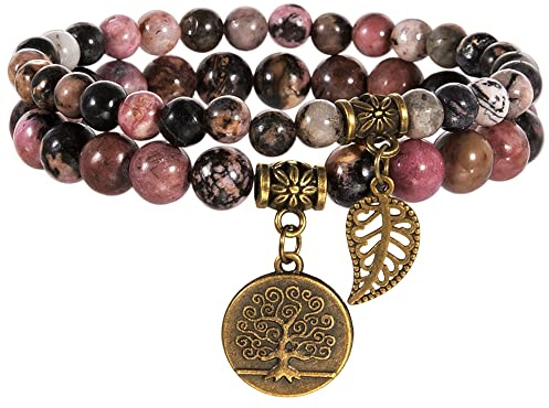 Farfume Bracelet En Pierre Naturelle - Bracelet Perles Naturelles Femme-Ensemble De Deux Bracelets Avec Accessoires Arbre De Vie Et Feuille(Moyen 18,5 cm Perles de Rhodonite (Pardon))