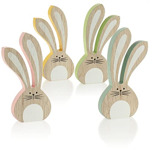 com-four® 4x coniglietto decorativo in piedi - Decorazione pasquale da posare in legno - Coniglietto pasquale dai colori vivaci - decorazione in legno (4 pezzi - conigli colorati)