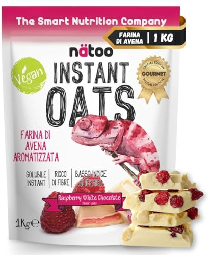 NÄTOO Farina di Avena Aromatizzata 1 Kg Instant Oats Farina Di Avena Istantanea Ideale come Preparato Per Pancake Proteici Porridge Oatmeal e Crepes Gusto Raspberry White Chocolate