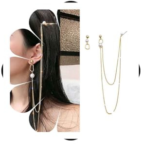 Inateannal Perlenohrstecker Lange Quastenkette Ohrringe Mit Haarnadel Einteilige Perlenhaarspange Perlenohrring Kette Statement-Schmuck Für Frauen Mädchen