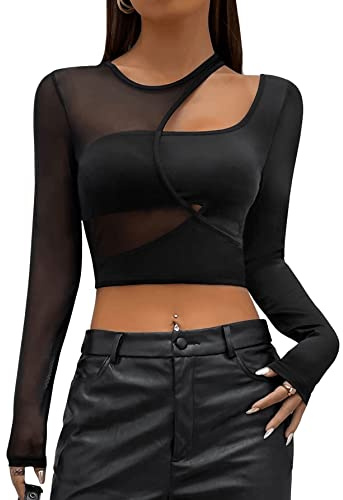 GORGLITTER Crop Tops Damen Sexy Bauchfrei Cut Out Oberteil Y2k Top Mit Netzstoff Mesh Oberteil Schwarz Langarm Schwarz M