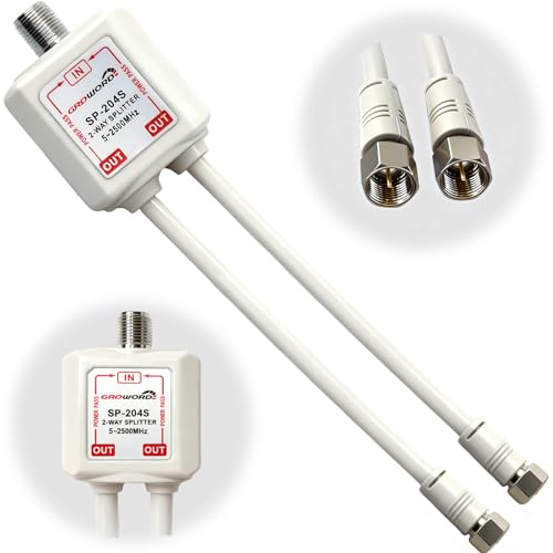 GROWORD 2-Way coaxial Cable Splitter, 5-2500MHz CATV Splitter with 6” RG6 Coaxial Cable and 2 Coax Connectors, for Pass Power to LNB, Improve TV Satellite Antenna Signal Quality, Corrosion Resistant