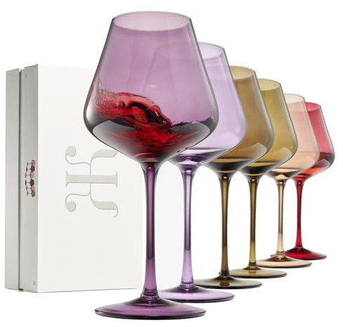 Khen Colored Crystal Wine Glass Set of 6, Large 20 OZ Glasses, Fall Leaves Terracotta Bright Italian Style Tall Stemmed Drinkware Red & White Wine, Water Dinner Glasses, Color Glassware Stemmed