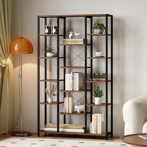 Hzuaneri Libreria, Scaffale a 6 Livelli con 15 Ripiano, Grande scaffale Regolabile, per Soggiorno, Ufficio, Camera da Letto, Studio, 30 x 100 x 170 cm, Marrone Rustico e Nero, BC15001B