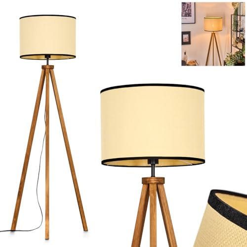 Stehleuchte Chellas, Stehlampe aus Holz/Papiergeflecht in Natur/Beige/Schwarz, Leuchte im skandinavischen Design mit rundem Schirm (Ø 40 cm) u. Fußschalter, Höhe 154 cm, 1 x E27, ohne Leuchtmittel