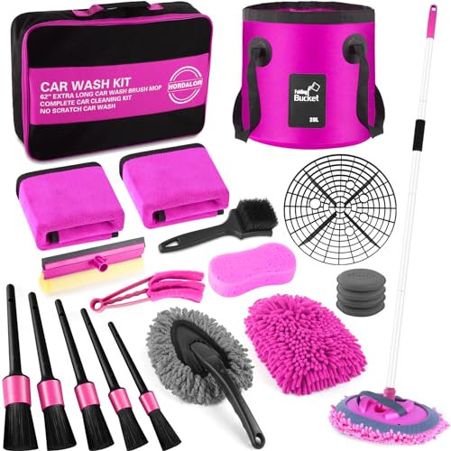 21-teiliges Autowaschbürsten-Set, 157,8 cm mit langem Griff, Rosa Auto-Reinigungsset, Auto-Detailbürsten-Set, Autowascheimer mit Schmutzfänger,