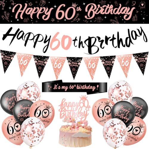 60th Birthday Decorations for Women Happy 60th Birthday Party Banner | Balloons Bunting Sash Triangle Flags and Cake Toppers & Accessories 60 Years Old Party Decor Rosegold Black