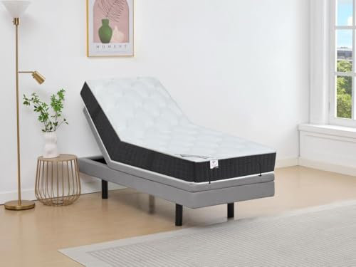 Vente-unique-Dekoratives Bett mit elektrischer Relaxfunktion + Taschenfederkern- & Memory-Schaum-Matratze - 80 x 200 cm - Stoff - Grau - RIZALI von YSMÉE