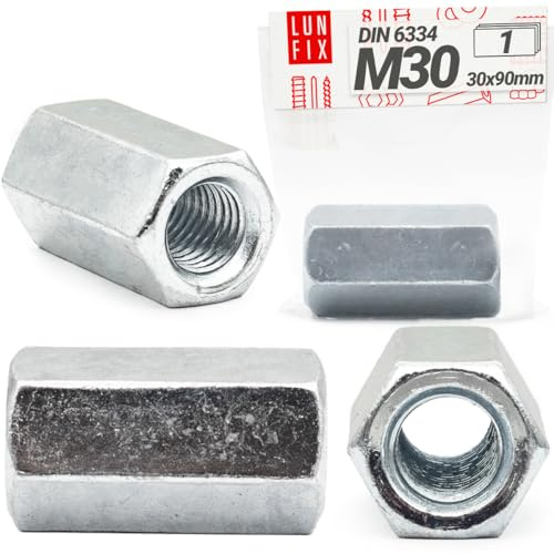 LUN FIX Gewindemuffe M30x90mm DIN 6334 Sechskant Langmutter verzinkt 1 Stk | Verbindungsmutter Gewindehülse für Gewindestange, Distanzmuffe, Gewindehülsen, Verlängerungsmutter metrisches Gewinde
