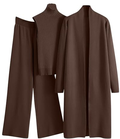 Hosenanzug Damen 3 Teiler mit Weste Strickanzug Damen Set 3 Teilig Anzug Damen Elegant Festlich Hochzeit Hausanzug Kuschelig Einfarbig Zuhause Strick Outfit Inkl. Hose, Longstrickjacke & Weste