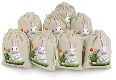 Hiseng 8 Stück Jutesack, 3D-Druck Bedruckt Osternsack Jutesack Jutesäckchen für Geschenkbeutel Ostern, Muttertag, Säckchen für Schmuck Hochzeit (Kaninchen 5,8 Stück)