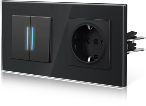 BSEED Enchufe y Interruptor,interruptor Conmutador con Garfio,Basculante con Pilotitos LED,Panel de Vidrio,Seguridad Infantil,Fácil Instalación,E-Serie,2 Gang 2 Vía Con Enchufe,157mm Negro