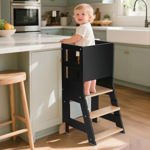 KIDINIX Torre di apprendimento per bambini a partire da 1 anno, Learning Tower con lavagna, regolabile in altezza, per cucina e bagno, antiribaltamento, colore: nero