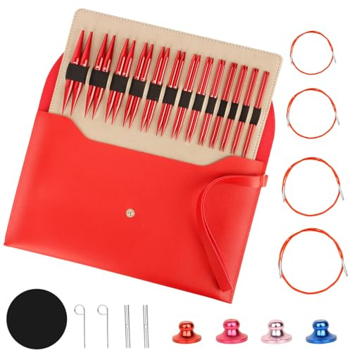 Rundstricknadel Set Austauschbar, 13 Paare, 3-10 mm, Professionelles Strickzubehör Set für Anfänger & Erwachsene, Einfache Bedienung, Stricker Geschenk Rot(Red
