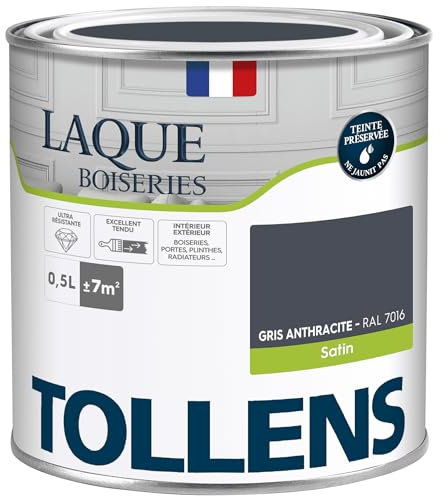 Tollens - Peinture, Laque, Ultra Résistante, Multisupport, Satin, Gris Anthracite, 0.5L = 7m2
