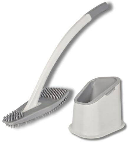 bideo® Silikon Toilettenbürste weiß – WC Bürstengarnitur mit Halter & Abtropffunktion – 360° Flexible Noppen für Randreinigung & Abfluss – WC Bürste weiß - langlebig, borstenlos