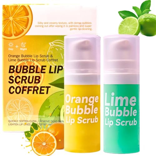 2PCS Organic Fruit Lip Scrub Exfoliator Set, Bubble Lip Scrub with Orange & Lime, Lip Lightening for Dark Lips for Women &Men,Day&Night Care Bubble Lip Repair Balm for Dry,Chapped,Peeling,Cracked Lips