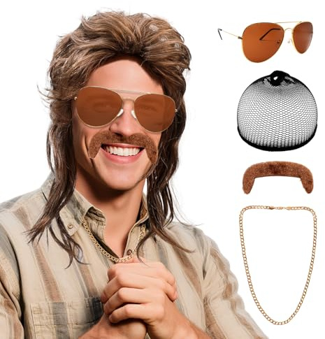 JJKOL Vokuhila Perücke Herren 5er Set, 80er Jahre Outfit Herren Perücken, 90er 80er Jahre Outfit Accessoires Kostüm Wigs, für Halloween Karneval Faschingskostüm Cosplay Party