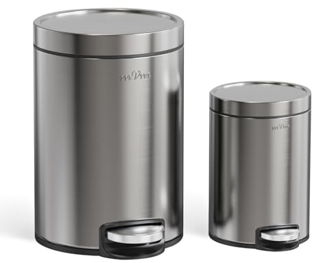 mVm Round Step Kitchen Bin with Lid,3+12L Stainless Steel Pedal Rubbish Bin,Bathroom Home Office Garbage Can with PP Bucket,Soft-Close,Fingerprint Proof,Odour Seal