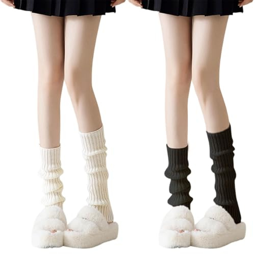 SNBUHA 2 Pairs White Black Leg Warmers, Lady Fashion Winter Boot Cuffs Warm Knee Warmers, 80s Y2k Ribbed Knit Legwarmers for Women Girls Ladies Ballet Yoga Dance Ice Skating (40cm)