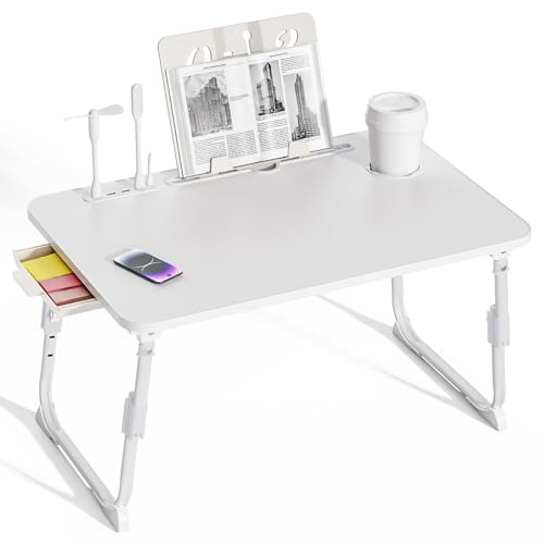 Warmiehomy Laptoptisch fürs Bett, Höhenverstellung Tablettisch mit klappbaren Beinen & Getränkehalter, Faltbarer Laptoptisch für Sofa, Multifunktionale Bettunterlage für Laptops, Arbeit im Bett