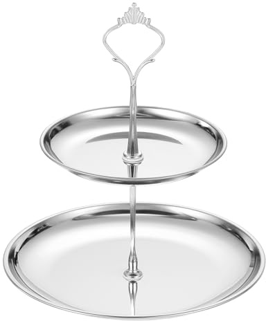 sourcing map 1 Set 2-Tier Cupcake Stand Holder, Round Tiered Serving Tray Stainless Steel Cup Cake Stand for Dessert Fruit Table Birthday Party Decoration Display, Silver