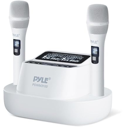 Pyle UHF Wireless Microphone System with Dual Handheld Mics, USB Rechargeable, Bluetooth Fixed Frequency Receiver, Low Noise DSP Audio, Plug & Play for Karaoke, Stage, Classroom, Office & DJ Use