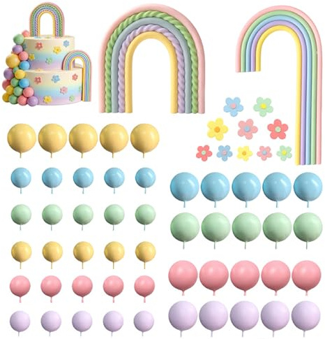 62 Pcs Rainbow Cake Decorations, Rainbow Cake Topper, with Pastel Cake Balls and Balloon Cake Topper, Cake Decorations for Birthday Party, Baby Shower, Unicorn Theme Celebrations