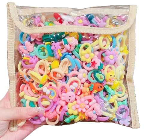 100 Pezzi Elastici per Capelli Colorati per Ragazze, Elastici per Capelli per Bambini, con Motivo a Fiocchi, Animali, Fiori e Frutta