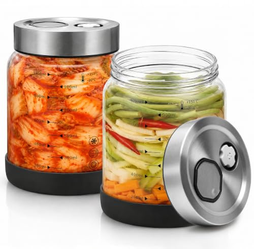 CGBE Fermentation Jars with Airlock, 2 Pack 1L Borosilicate Glass | Automatic and manual air release vents make these fermenting jars ideal for kimchi, sauerkraut, sourdough, kefir and pickles