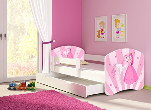 CLAMARO 'Fantasia Weiß' 140 x 70 Kinderbett Set inkl. Matratze, Lattenrost und mit Bettkasten Schublade, mit verstellbarem Rausfallschutz und Kantenschutzleisten, Design: 08 Prinzessin Einhorn