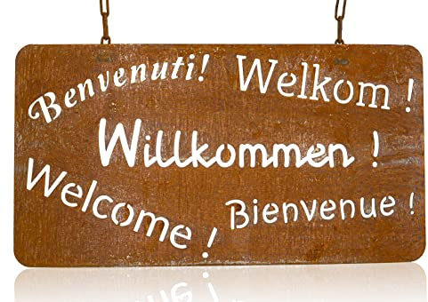 B2S BACK2SEASON Metall Tafel Willkommen in 5 Sprachen Edelrost zum hängen mit Kette Gartendeko B=45 cm