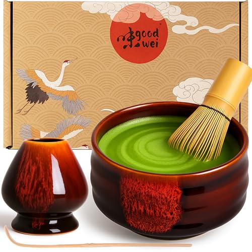 Goodwei Matcha Set komplett mit Matchabesen, Matcha Löffel und Matcha Schale aus Keramik mit Besenhalter im passenden Design | Kunstvoll gefertigte Zeremonieschale Chawan (Akai, 120)