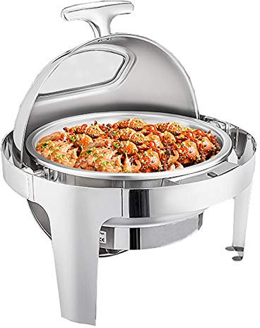 Chafing Dish with Visible Window, Stainless Steel Roll-Top Round Chafer Buffet Warmers Set with Food Pan, Water Pan and Fuel Holders (Silver, 6.8L)