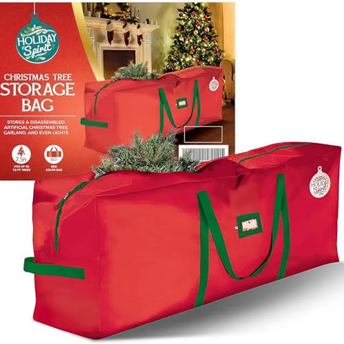 HOLIDAY SPIRIT Heavy Duty Canvas Bags for Christmas Tree - Waterproof Storage Bag with Reinforced Handles and Dual Zipper for 2.3 Meter Tree - 600D Oxford Material Protects from Dust and Moisture, Red