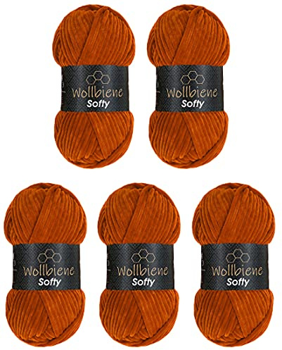Wollbiene Softy 5 x 100 Gramm chenille wolle zum häkeln Strickwolle, Babywolle, 500 Gramm Chenille Wolle Super Bulky crochet yarn (karamell 08)