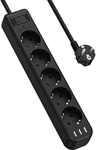 JSVER 5 Fach Steckerleiste mit 3 USB Ladeanschlüsse,Steckdosenleiste mit USB, Mehrfachsteckdose Wandmontage(16A) Überspannungsschutz mit Schaltbar 1,8M Kabel für Smartphones, Laptop, iPAD–Schwarz