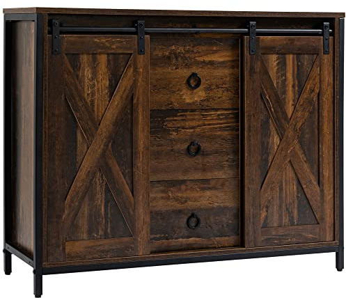 HOMCOM Industrial Farmhouse Buffet Cabinet, Kitchen Sideboard with Sliding Barn Doors, Three Drawers and Adjustable Shelves for Living Room, Rustic Brown