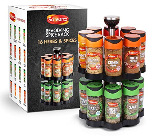 Schwartz Rotating Spice Rack, Space Saving and Convenient, Kitchen Organiser, Includes 16 Herbs and Spices Jars for your Favourite Dishes, 373 G, 18cm (W) x 29cm (H)