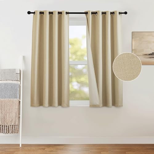 PONY DANCE Linen Living Room Blackout Curtains, Short Insulated Curtains with Eyelets to Save Energy, Boho Vintage Decorative Curtains for Bedroom, Oatmeal, 46 x 54 inch, 2 Panels