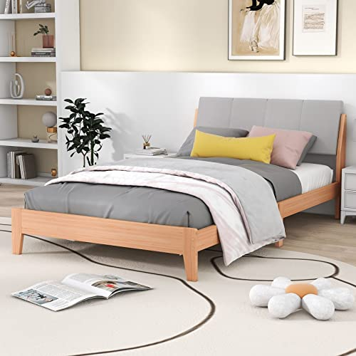 Einzelbetten 90X200, Massivholzbett Vintage Natürlich Holzbett Einzelbett mit Polster Kopfteil Schlafzimmer Bett