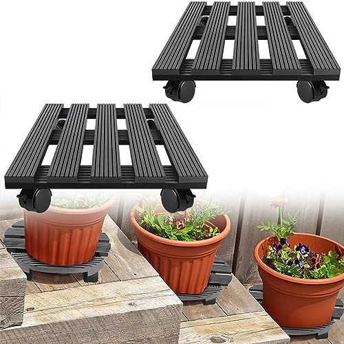 AufuN 30 x 30 cm WPC Pflanzenroller Blumenroller Untersetzer | Rollbrett Pflanzen mit PP-Räder, Kübelroller für Außenbereich und Innenbereich Dunkelgrau Quadratisch, 2 Stück