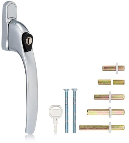 XFORT Key Locking Inline Window Handle Installation Kit in Polished Chrome, UPVC Window Handle Replacement, Lockable Window Lever
