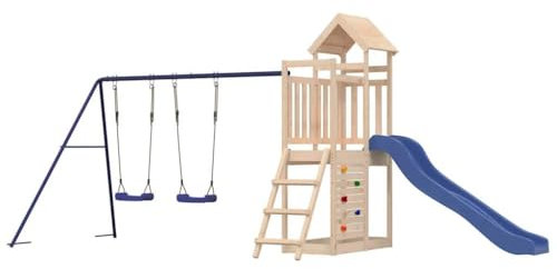 vidaXL Outdoor Playset – Solid Pine Wood Construction with Wave Slide, Double Swing Set, Ladder, Rockwall and Sandpit