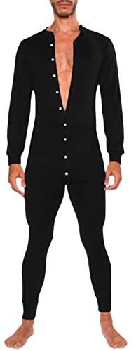 Duohropke Combinaison pyjama pour homme en une pièce, combinaison Henley, sous-vêtements thermiques extensibles, pyjama pour le corps entier, 01 Noir, XXL