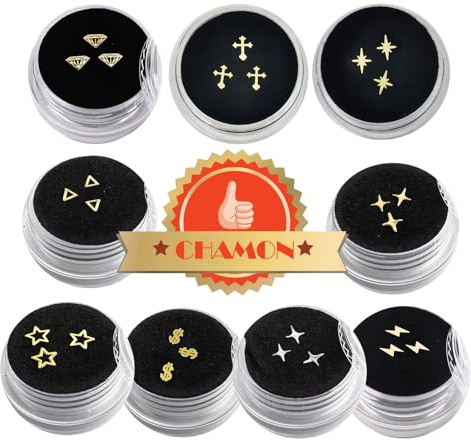Chamon Gold Plated 18K Tooth Gems - 9 Boxes Cross Star Lightning Design 3mm-5mm Ultra-Thin Decorative Gem for Party and Cosplay DIY