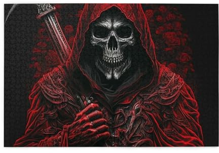 HERRECX 1000 Piece Jigsaw Puzzle Skull Grim Reaper Sickle Dark Gothic red Wood Puzzle for Adults Teens Family Game Educational Toys Gifts