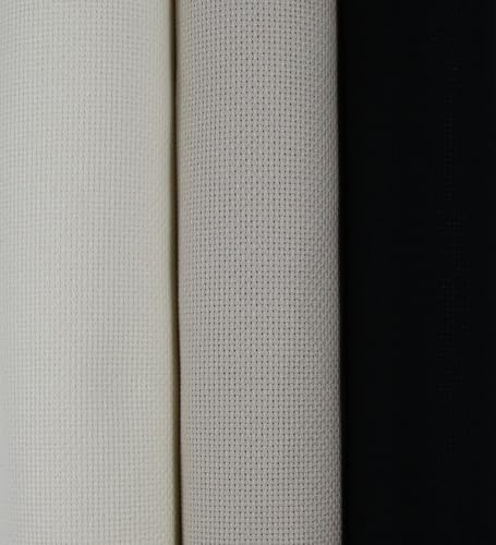 KCS 3 pc of 15 x 18(38cmx45cm) Counted Cross Stitch Cotton Aida Cloth Needlework Rolled Fabric Box,18CT,Antique White+Pearl Grey+Black