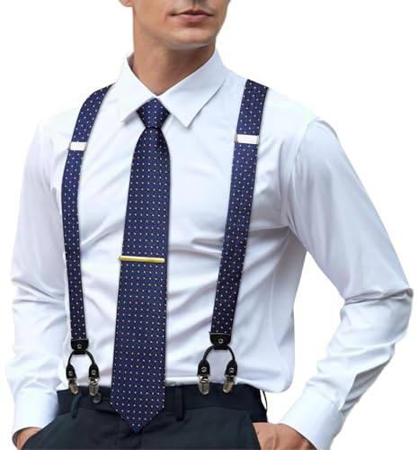 Hi-Tie Ensemble bretelles et cravate en soie pour homme - Bretelles élastiques réglables en Y avec 6 clips solides - Carré de poche