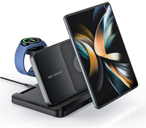 Station de charge à induction pliable Samsung 3-en-1, station de charge sans fil, chargeur sans fil multifonction, compatible avec Samsung S24/S23/S22/Z Flip 5/4/Z Fold 5/4/Watch 6/5/4 et Galaxy Buds.